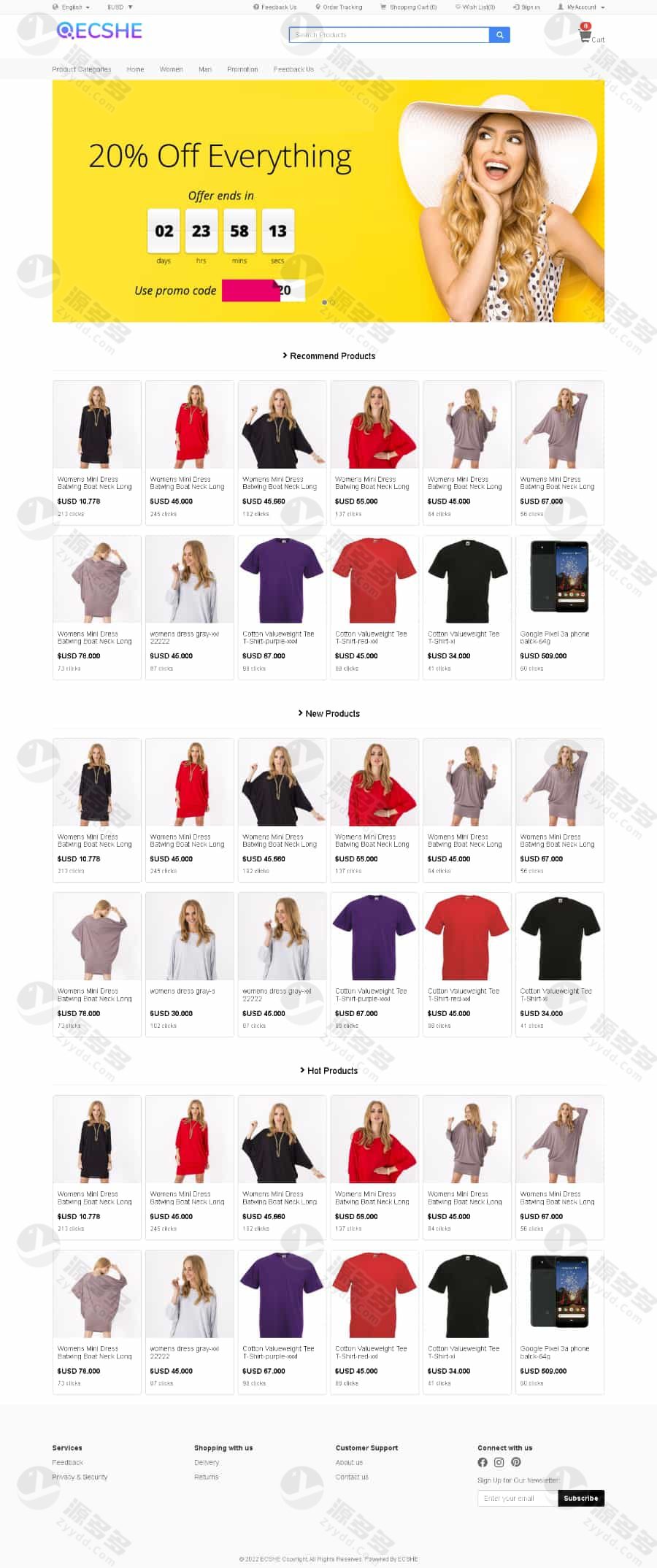 ECSHE多语言外贸电商系统 跨境自营商城 国际商品销售平台 移动端自适应 支持USDT等多种支付方式-预览图