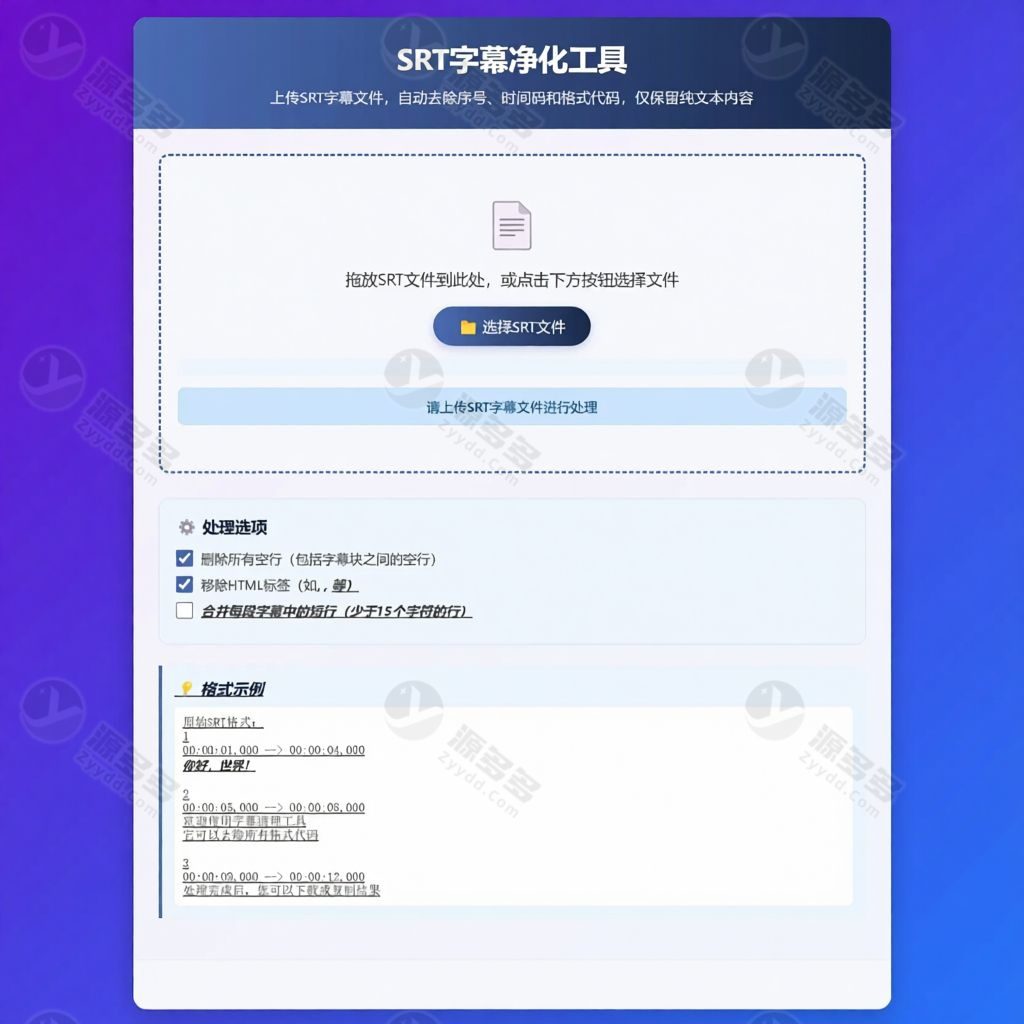 SRT字幕净化工具源码 原生HTML一键清理字幕格式 本地运行-预览图